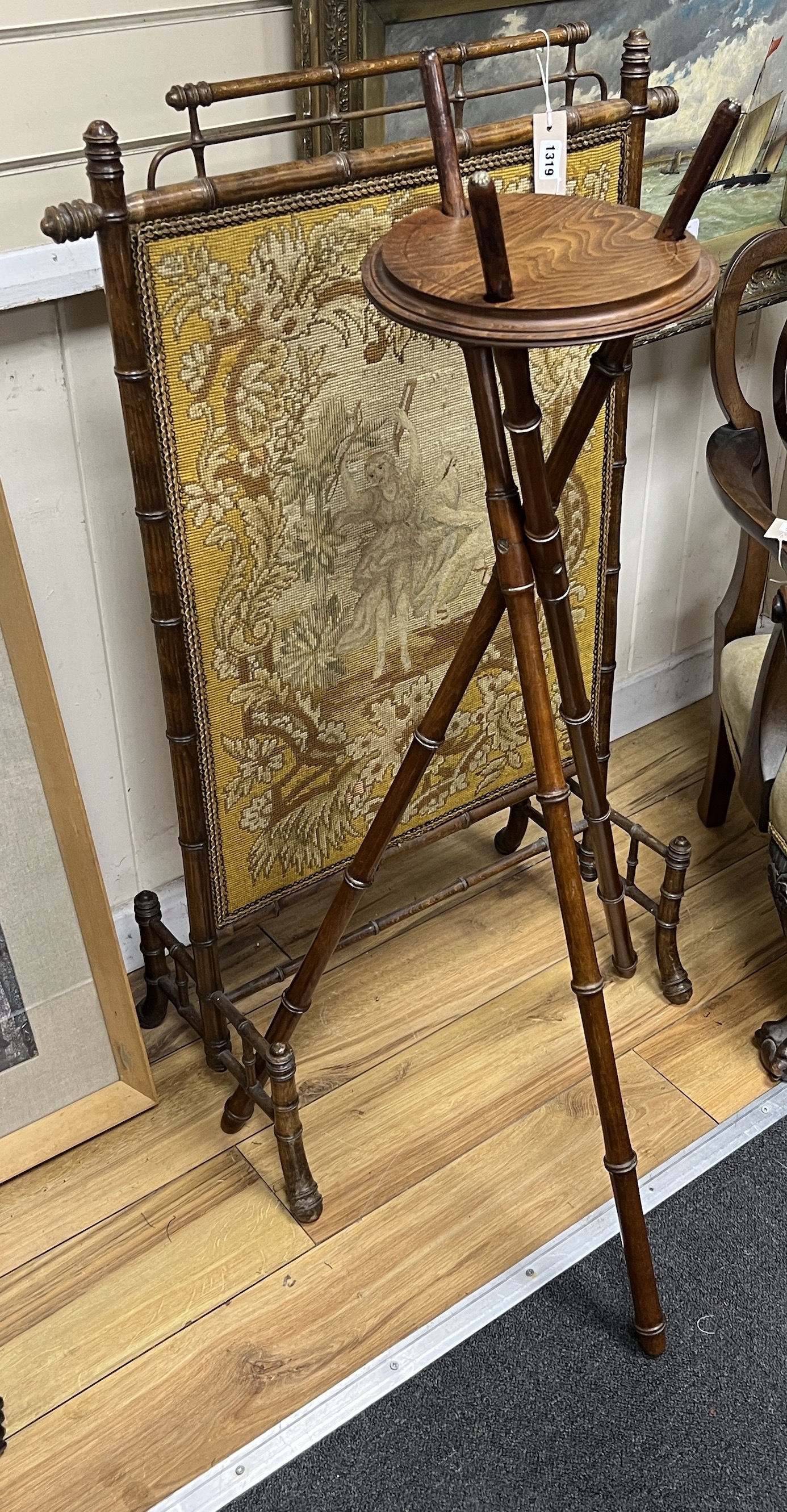 A Victorian faux bamboo firescreen and folding tripod plant stand, width 64cm, height 106cm